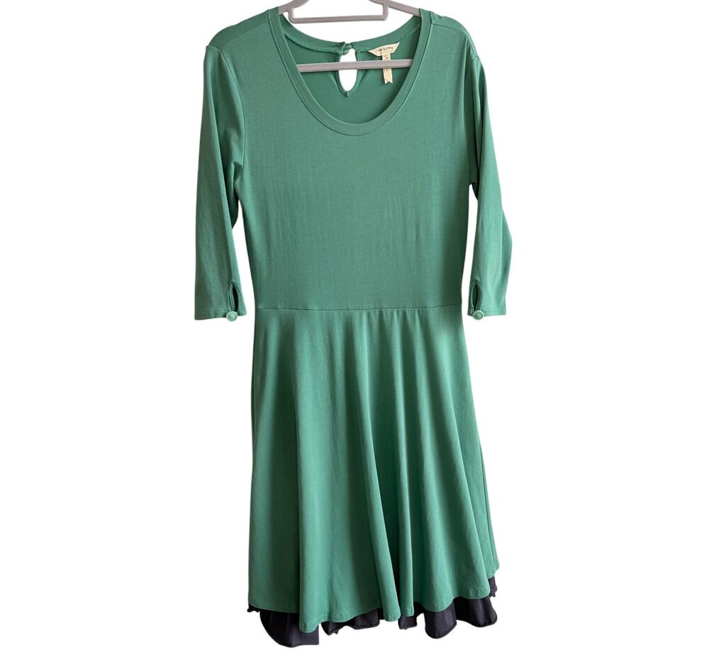Matilda Jane x Joanna Gaines Green Knit Fit & Flare Dress M 3/4 Sleeve Ruffle